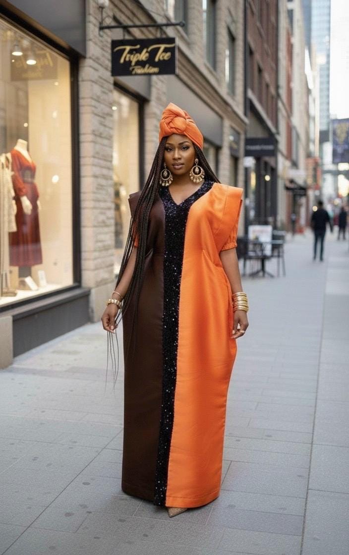 Sequin Mikado Boubou Dress | African Kaftan with Headtie