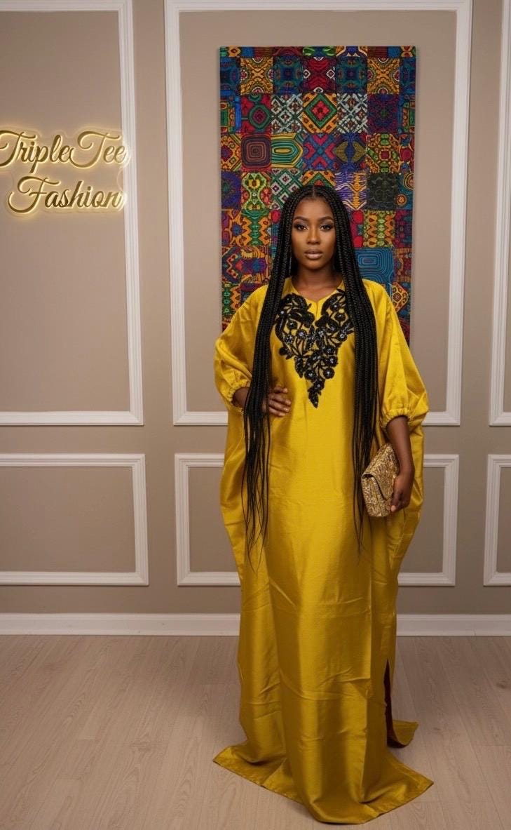 Mikado Silk Appliqué Boubou | African Kaftan Dress with Headband