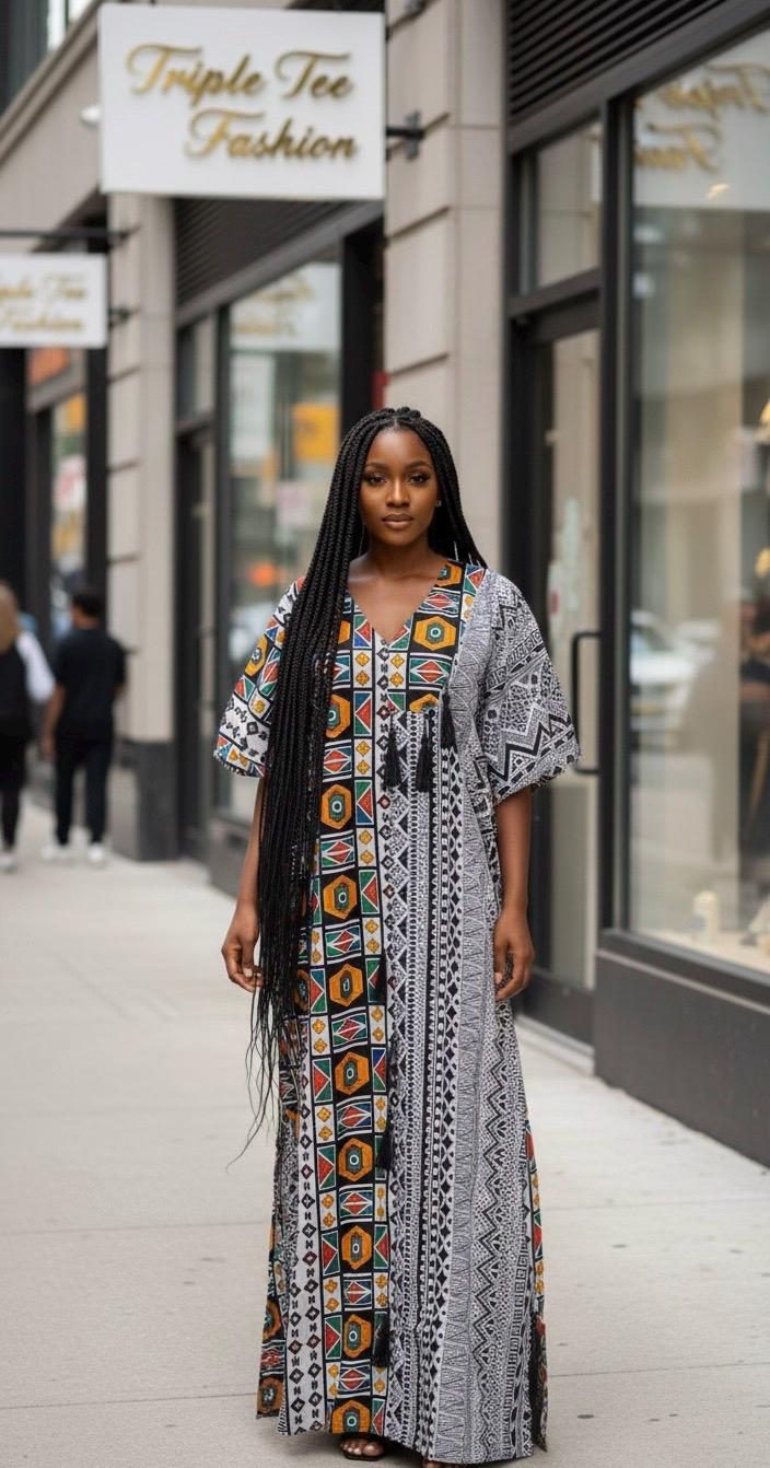 African Print Boubou Dress | Handmade Ankara Kaftan with Headband