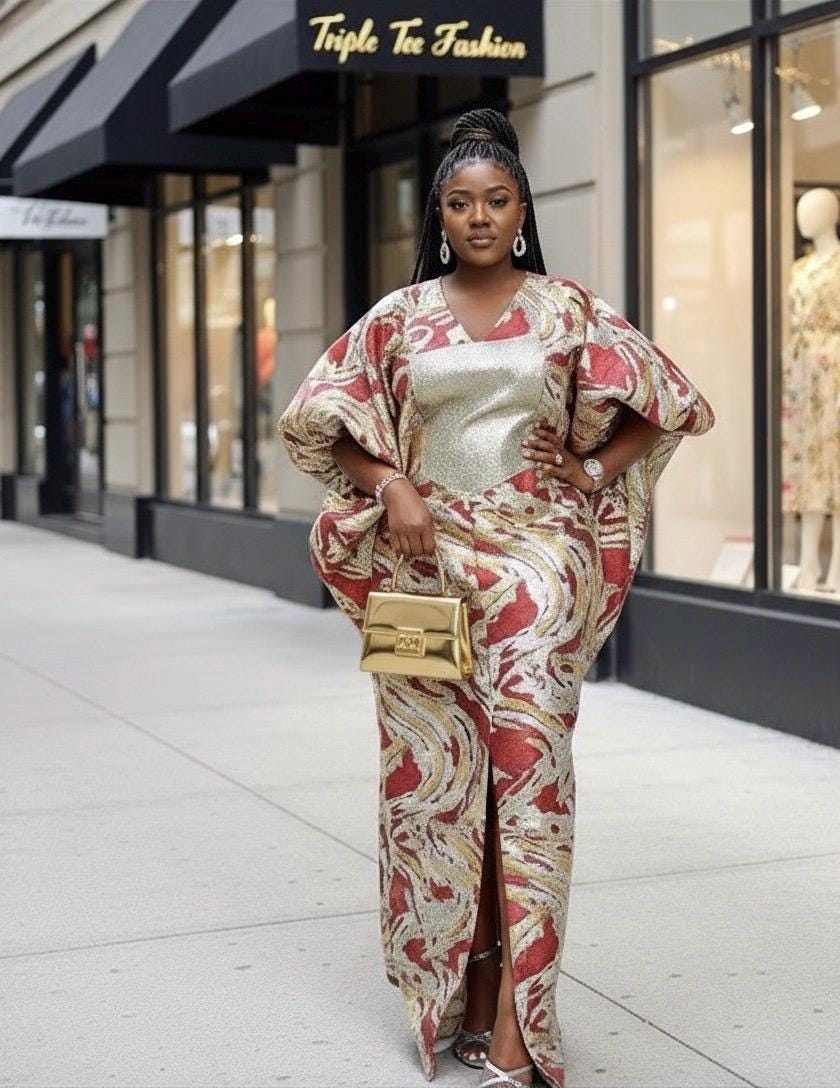 African Brocade Boubou: One Size Kaftan Dress with Scarf