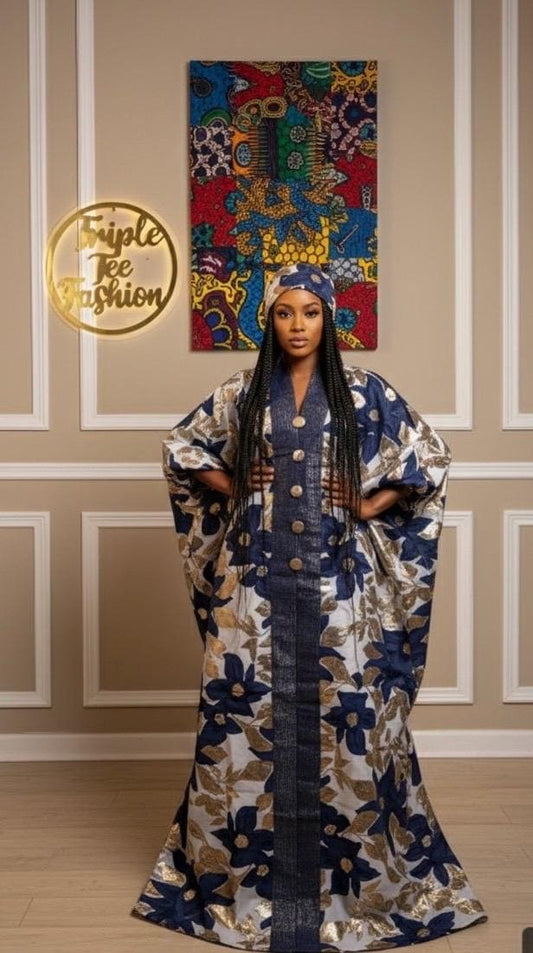Brocade African Boubou Dress | Ankara Kaftan with Matching Scarf