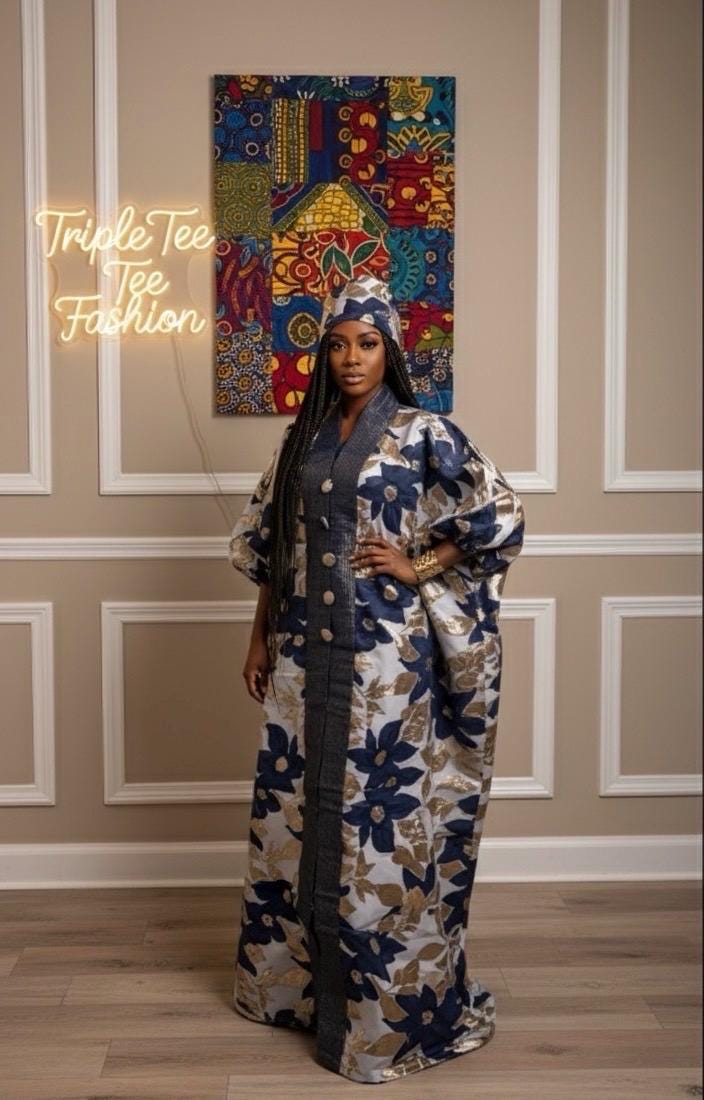 Brocade African Boubou Dress | Ankara Kaftan with Matching Scarf