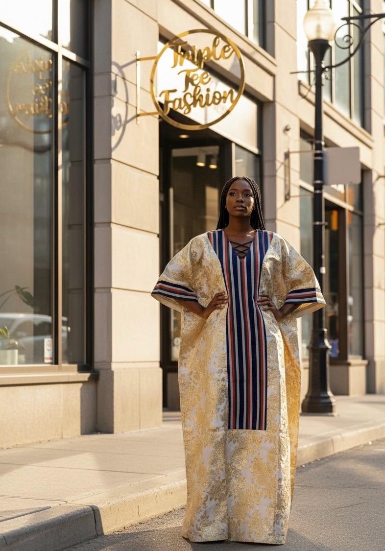 European Brocade Boubou Dress with Matching Scarf | Nigerian Aso Oke, Rich Aunty Vibes