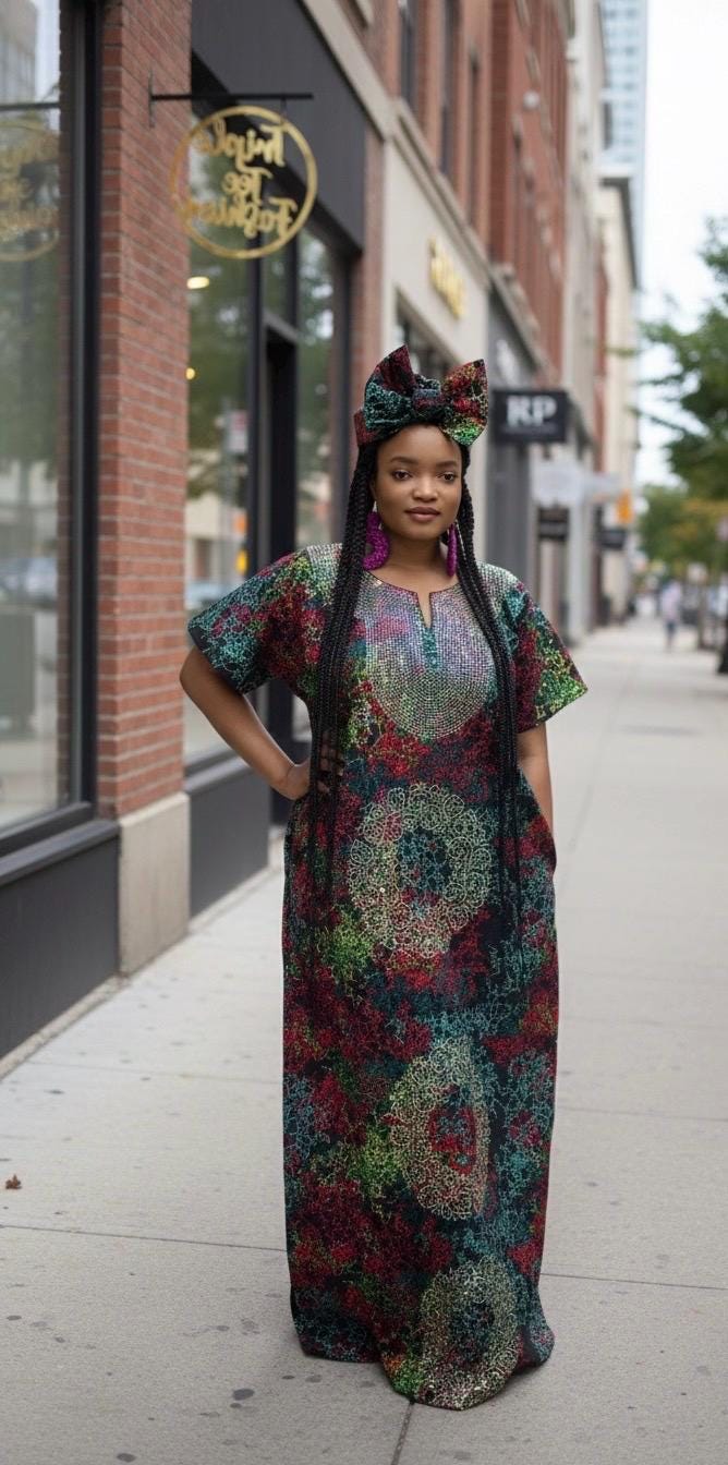 African Ankara Boubou Dress | Crystal Detail Kaftan with Cap