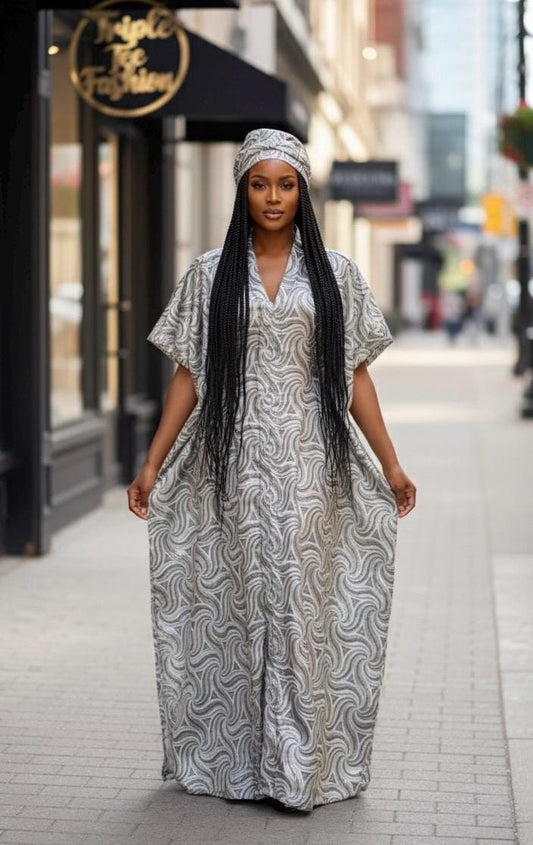 European Brocade Boubou Dress with Matching Scarf | African Kaftan