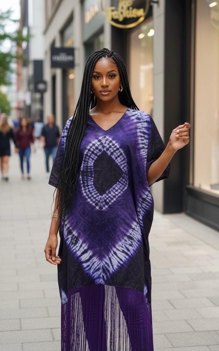 African Adire Fringe Boubou Dress | Nigerian Kaftan