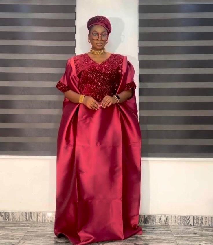 Burgundy Sequin Mikado Silk Boubou: African Kaftan Dress with Cap