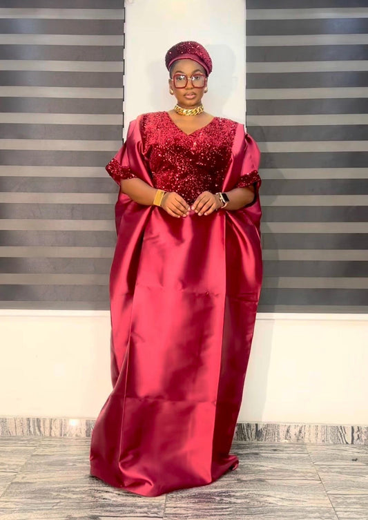 Burgundy Sequin Mikado Silk Boubou: African Kaftan Dress with Cap
