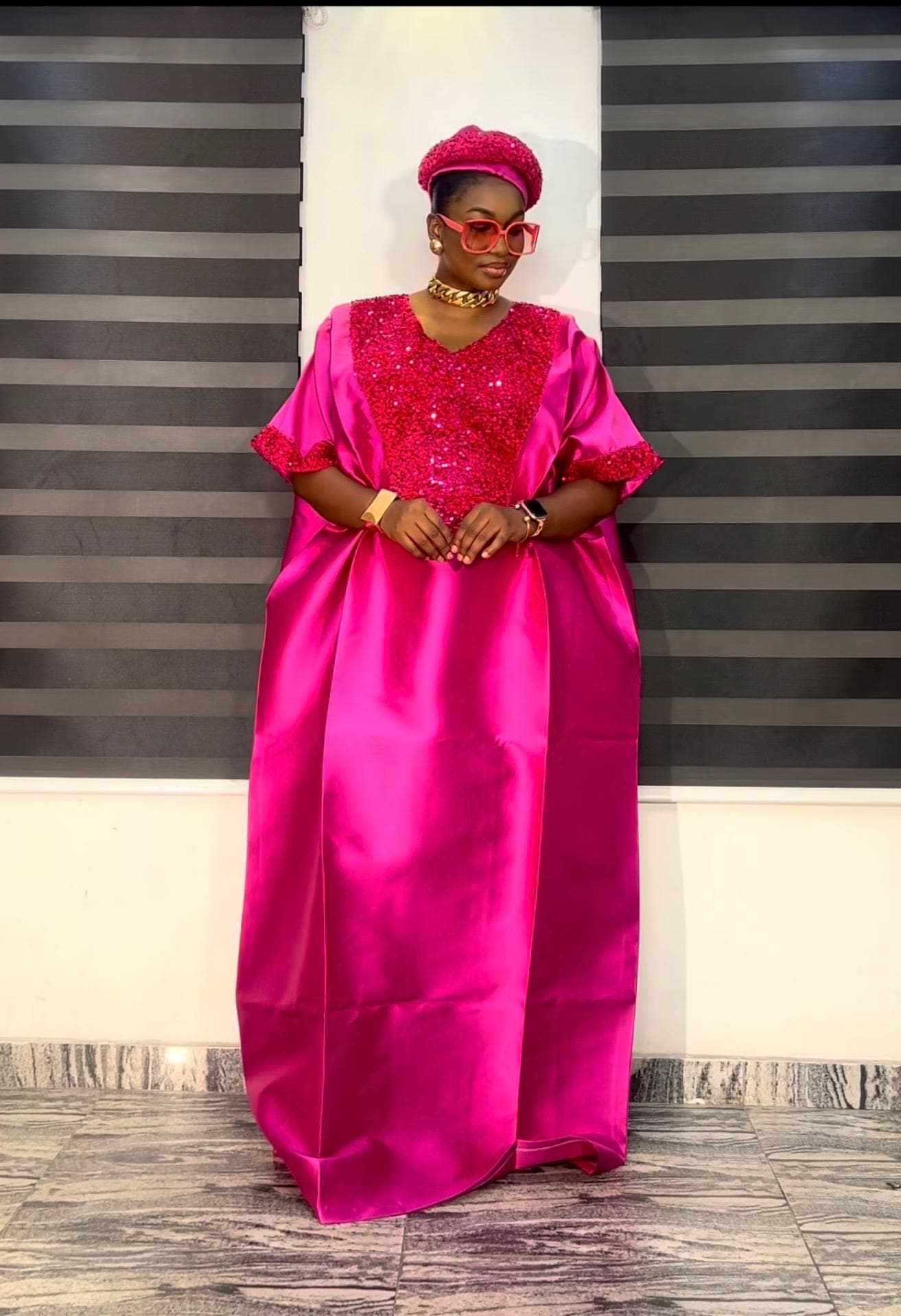 Pink Sequin Mikado Silk Boubou: African Kaftan Dress with Cap