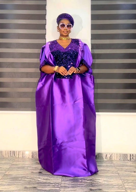 Purple Sequin Mikado Silk Boubou: African Kaftan Dress with Cap