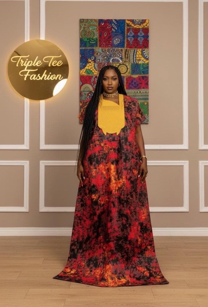 African Ankara Boubou Dress | Phoenix Embroidery, Cotton Kaftan