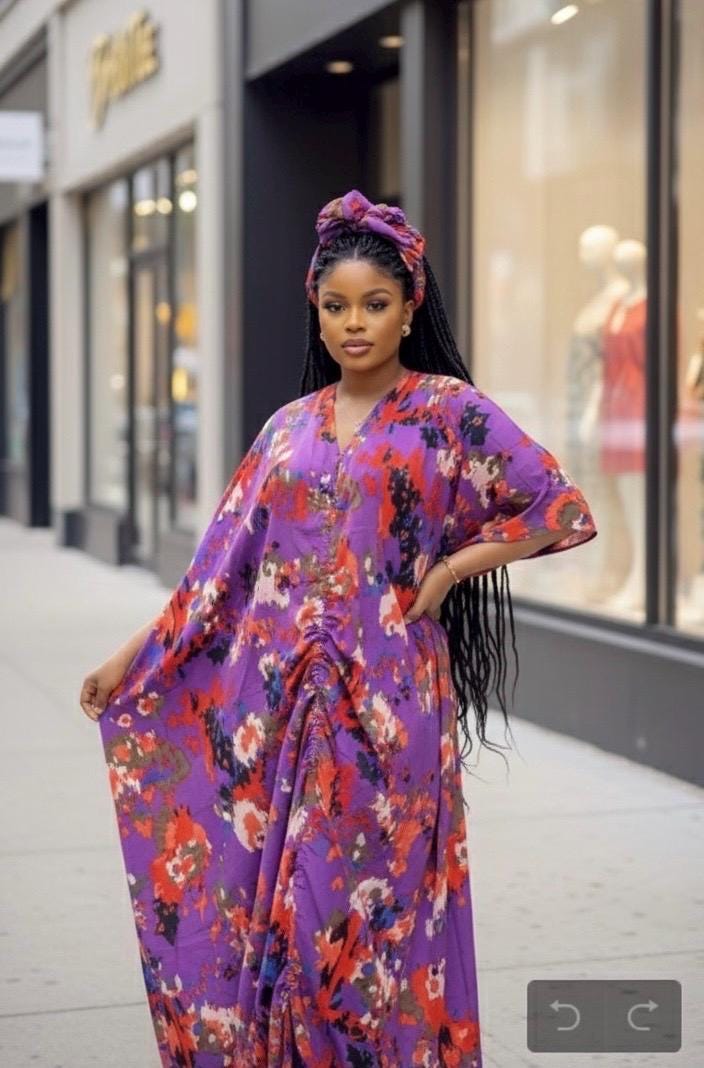 African Print Crepe Kaftan Dress | Nigerian Boubou, One Size