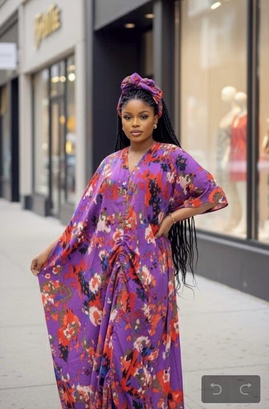 African Print Crepe Kaftan Dress | Nigerian Boubou, One Size