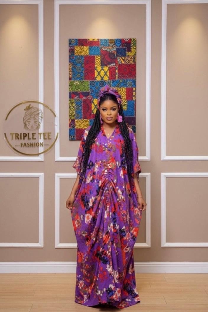 African Print Crepe Kaftan Dress | Nigerian Boubou, One Size