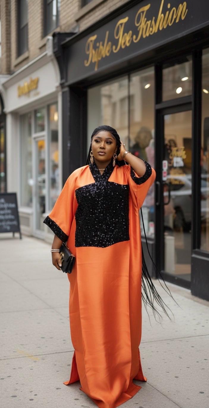 Orange Mikado Boubou Dress | Sequin African Kaftan, Party Jalabiya
