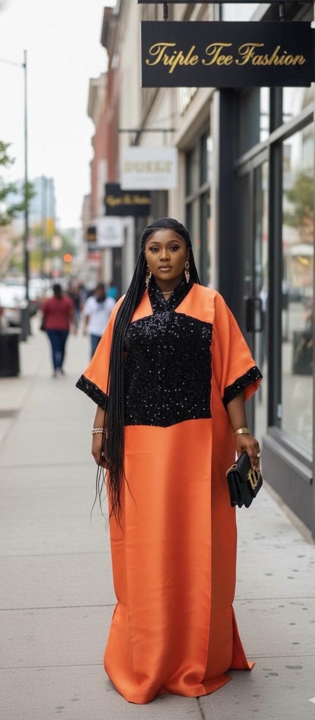 Orange Mikado Boubou Dress | Sequin African Kaftan, Party Jalabiya