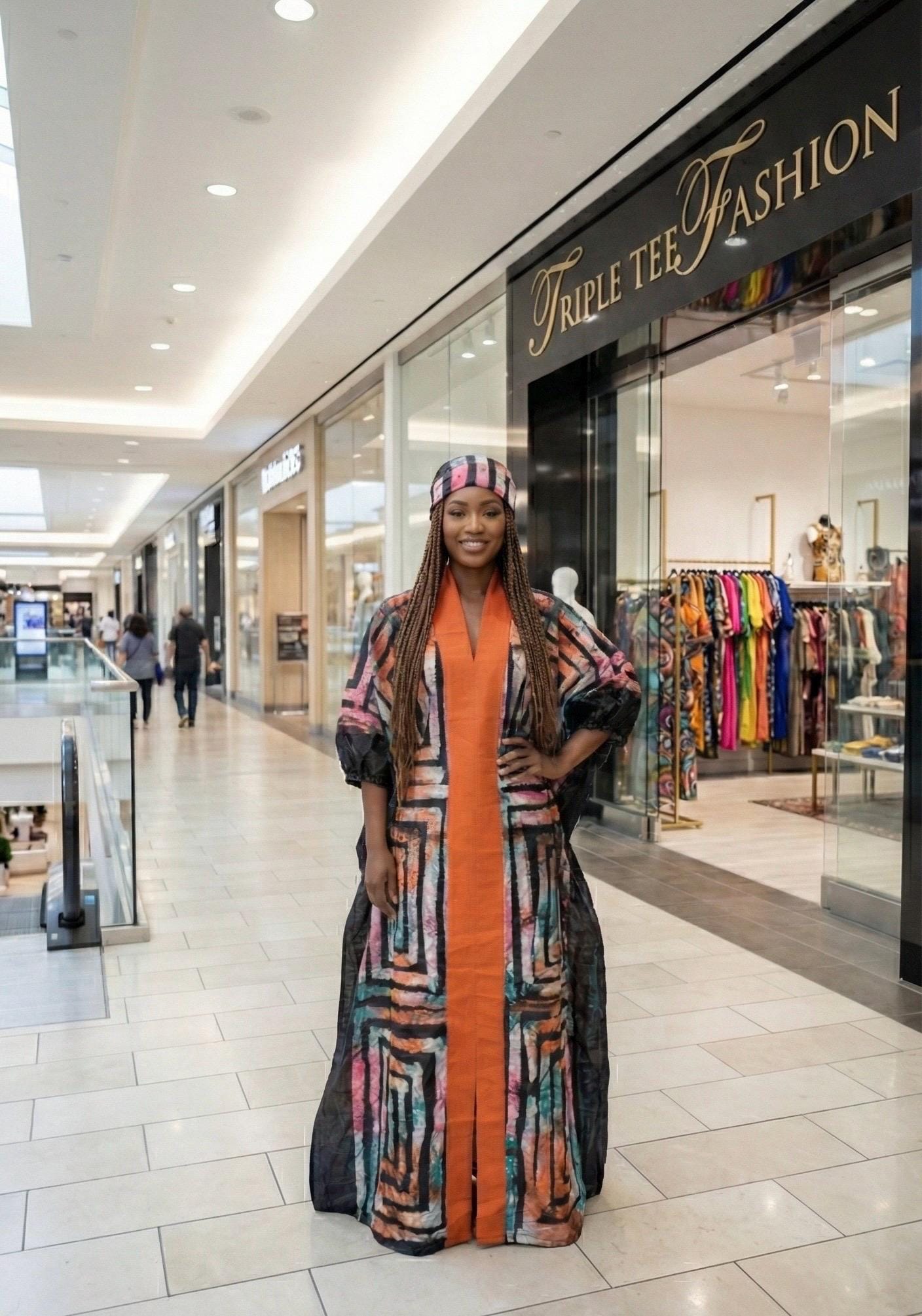 African Adire Batik Boubou Dress | Handmade Kaftan with Inner Belt