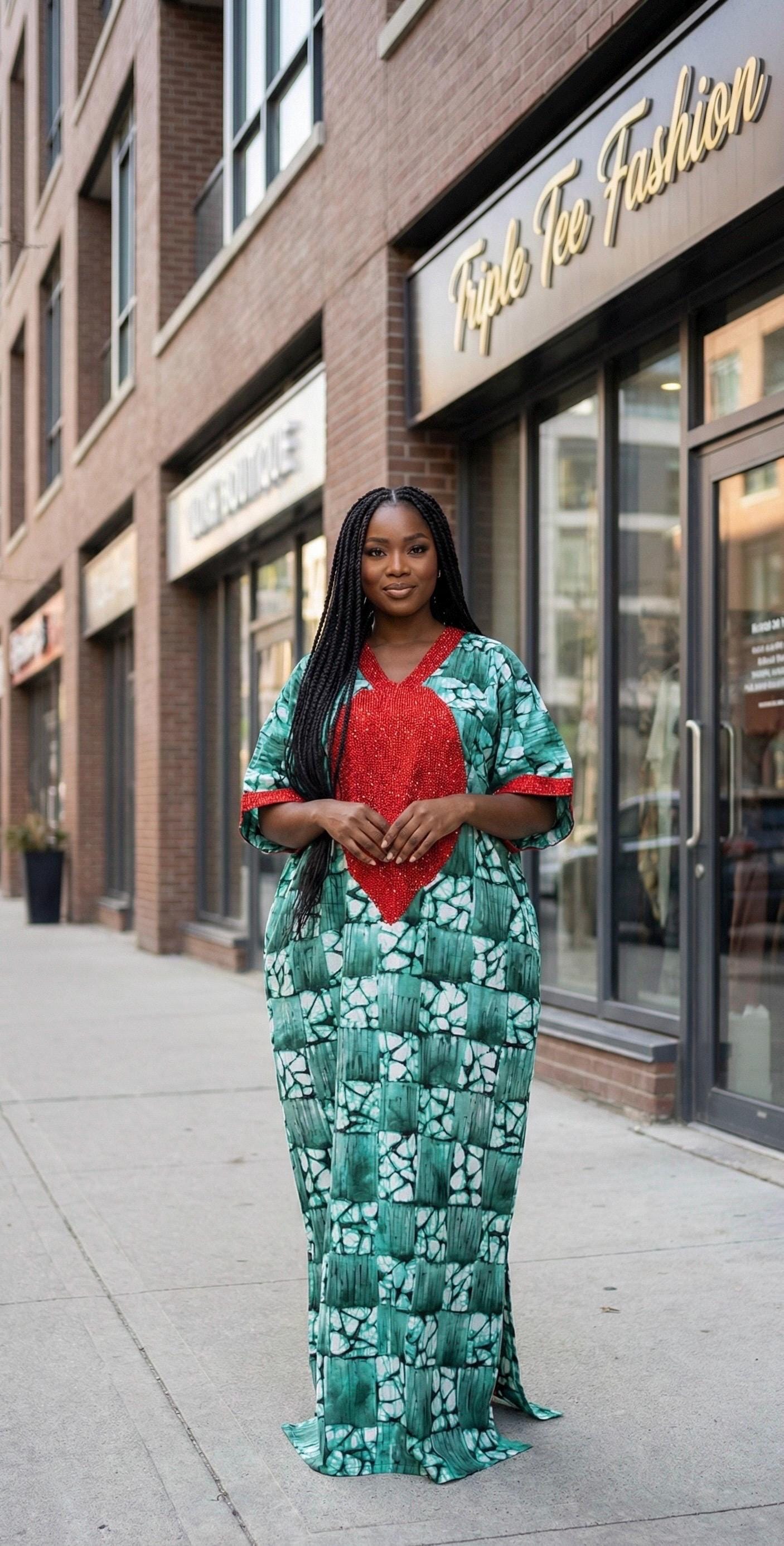 African Print Boubou Kaftan: Adire Kampala Dress, Nigerian Made