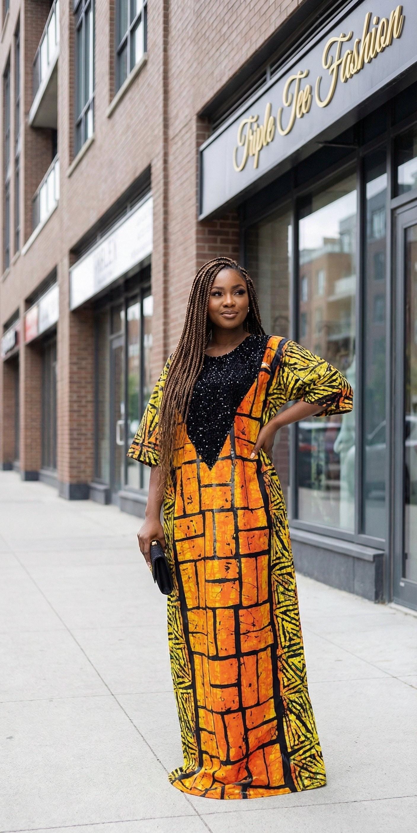 African Print Boubou Kaftan: Adire Kampala Dress, Nigerian Made