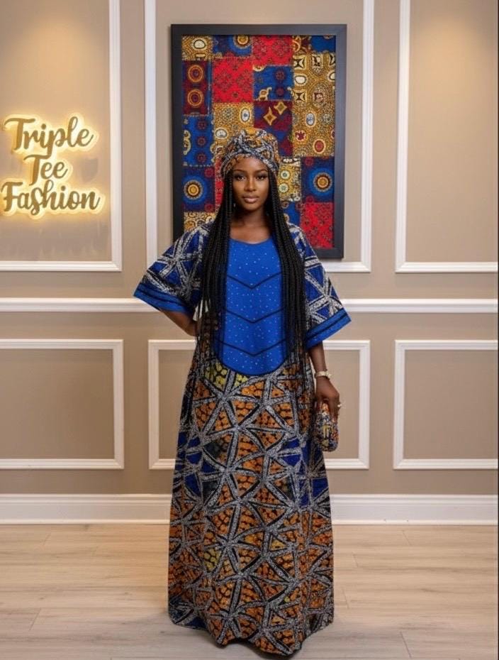 Handmade Adire Brocade Kaftan Dress | Nigerian Print Boubou