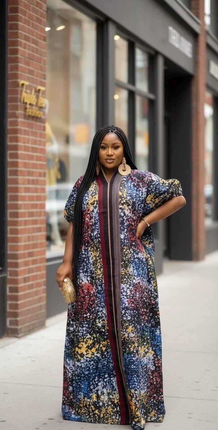 African Adire Batik Boubou Dress | Handmade Cotton Kaftan with Inner Belt