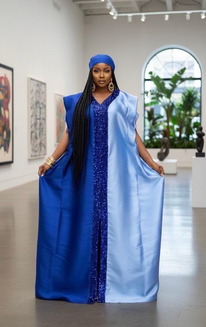 Sequin Mikado Boubou Dress | African Kaftan with Headtie