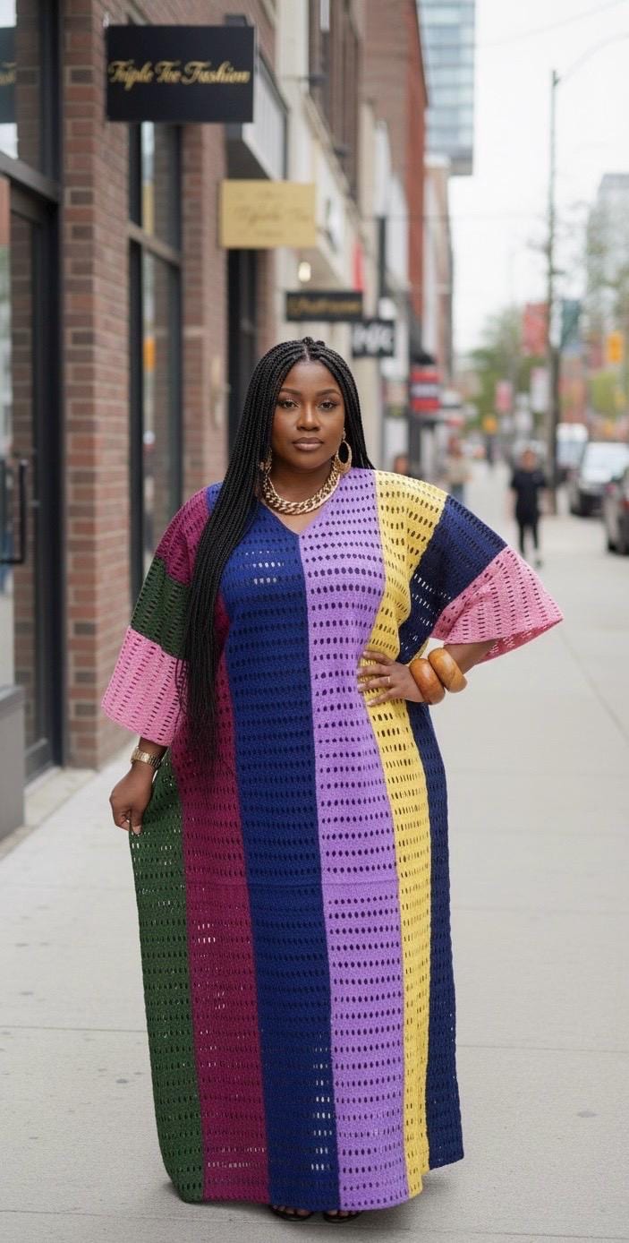 Aso Oke Boubou Kaftan – Handmade Nigerian Maxi Dress, One Size