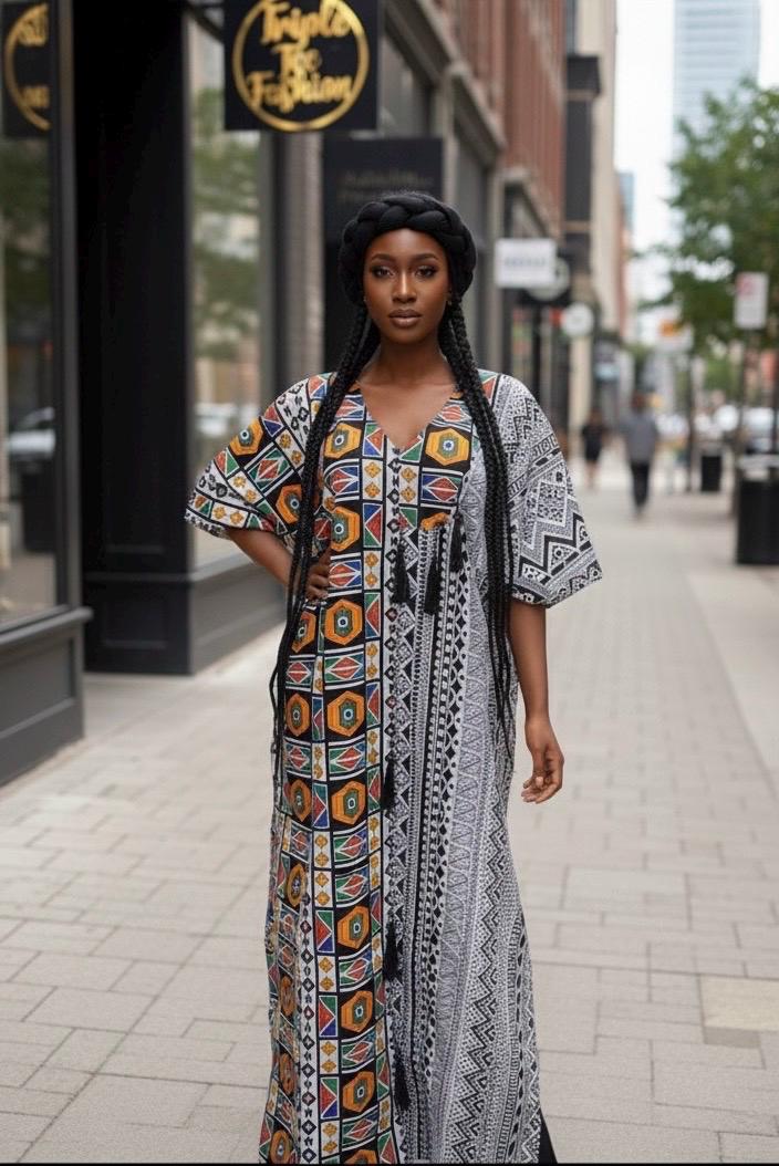 African Print Boubou Dress | Handmade Ankara Kaftan with Headband