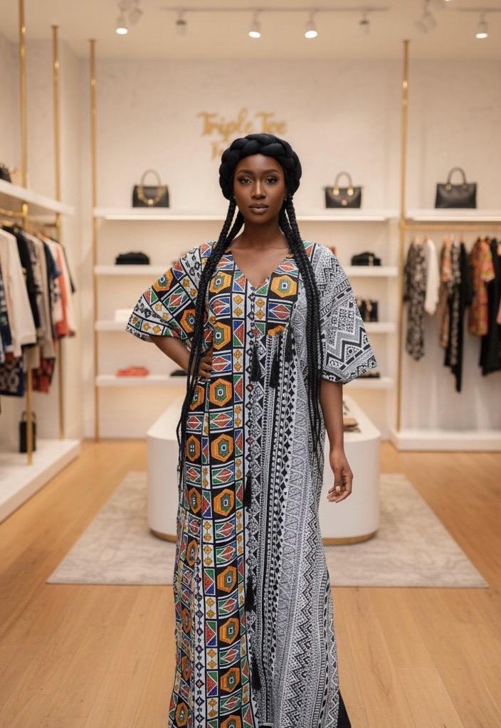 African Print Boubou Dress | Handmade Ankara Kaftan with Headband