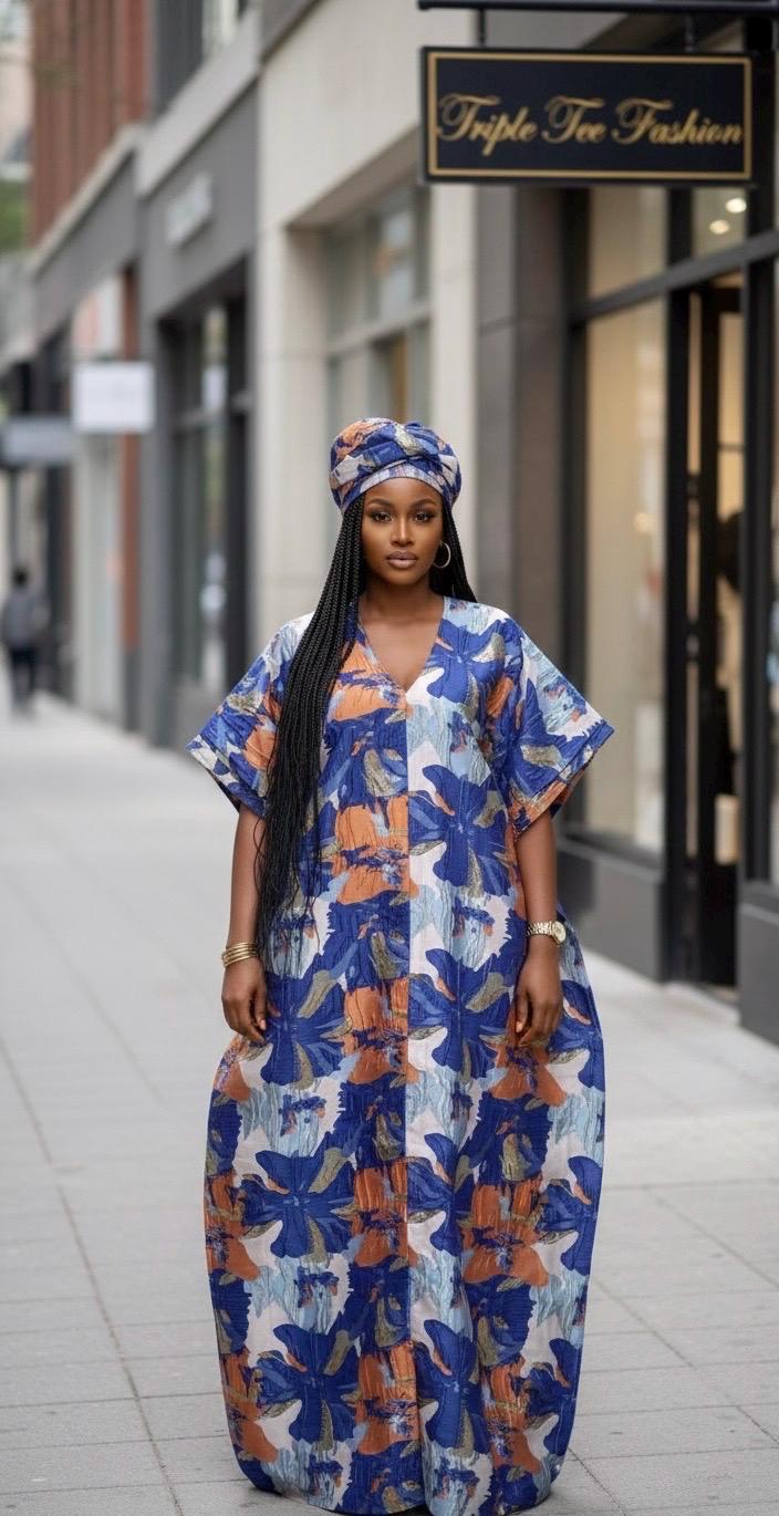 Brocade Boubou Dress with Matching Scarf | African Kaftan