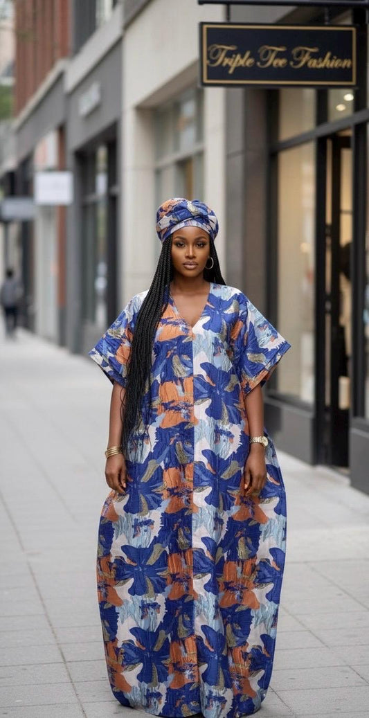 Brocade Boubou Dress with Matching Scarf | African Kaftan