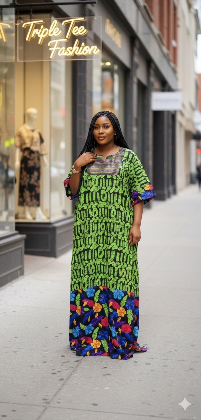 African Ankara Boubou Dress | Aso Oke Details, Modest Kaftan (Fits US 8-22)