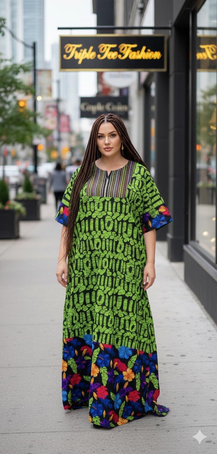 African Ankara Boubou Dress | Aso Oke Details, Modest Kaftan (Fits US 8-22)