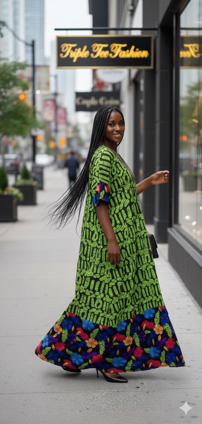 African Ankara Boubou Dress | Aso Oke Details, Modest Kaftan (Fits US 8-22)