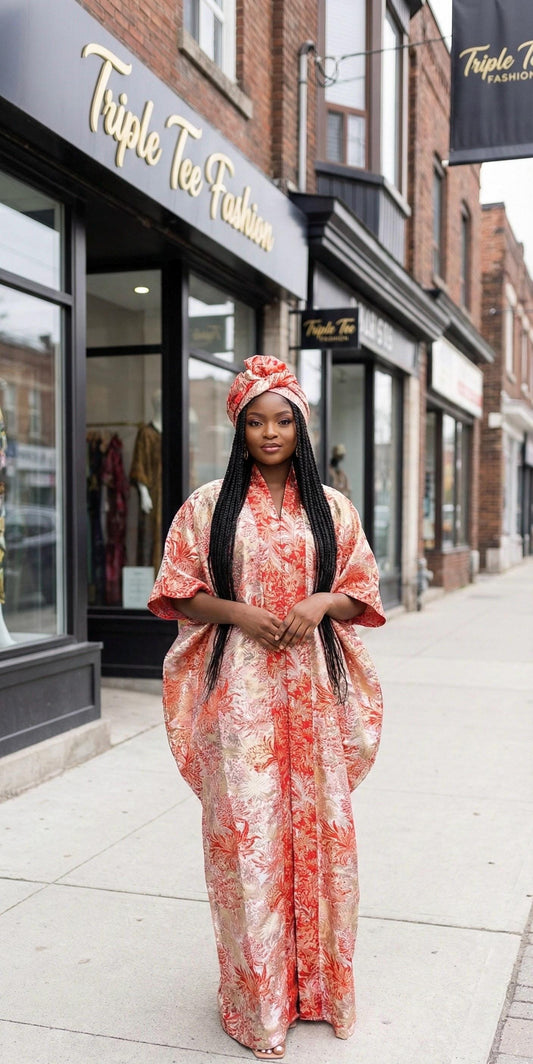 European Brocade Boubou Dress with Matching Scarf | Nigerian Kaftan