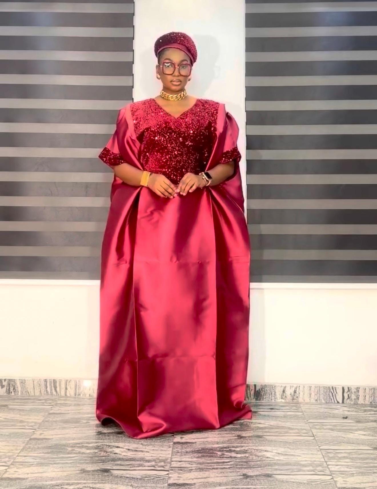 Burgundy Sequin Mikado Silk Boubou: African Kaftan Dress with Cap