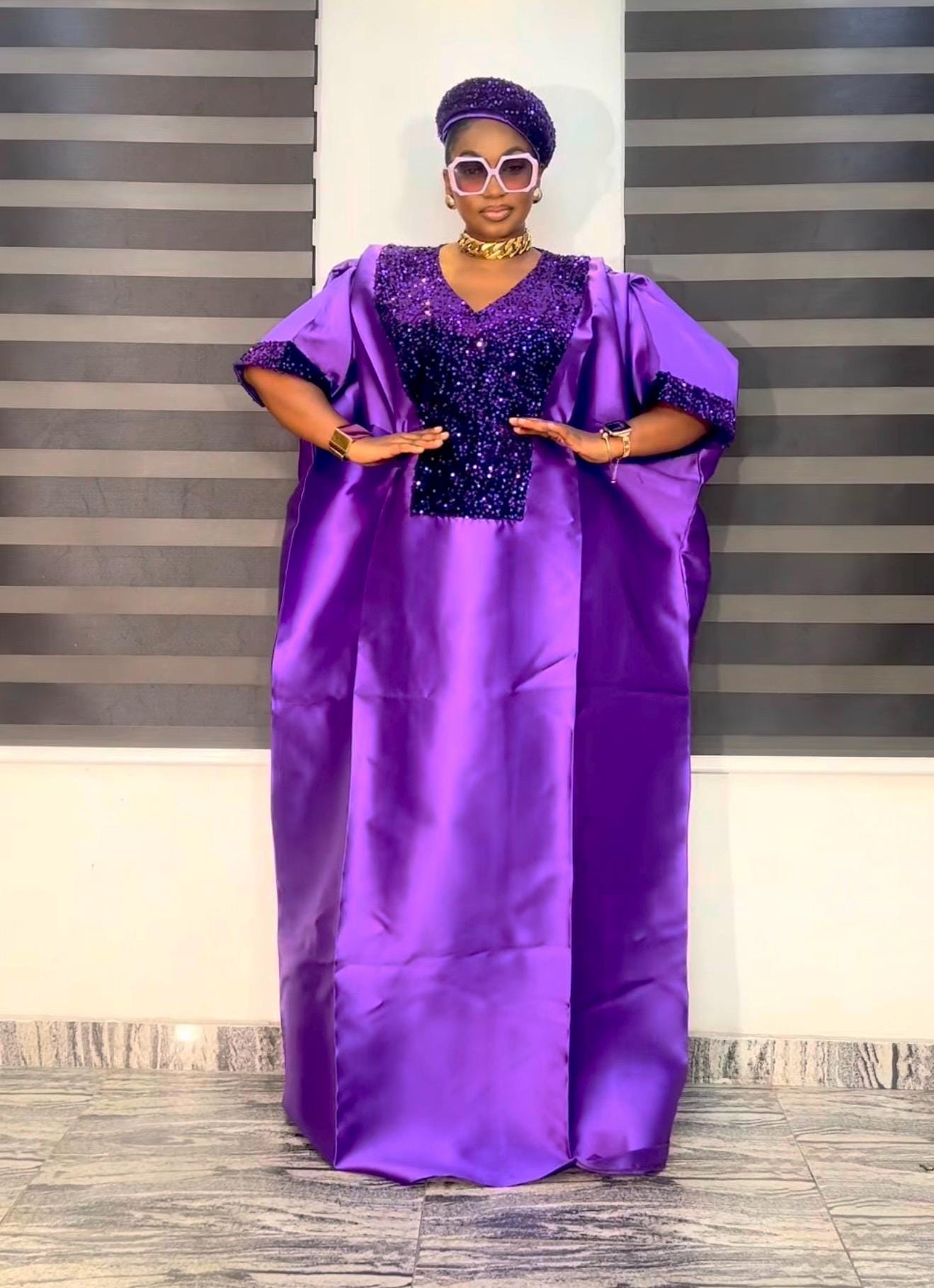 Purple Sequin Mikado Silk Boubou: African Kaftan Dress with Cap