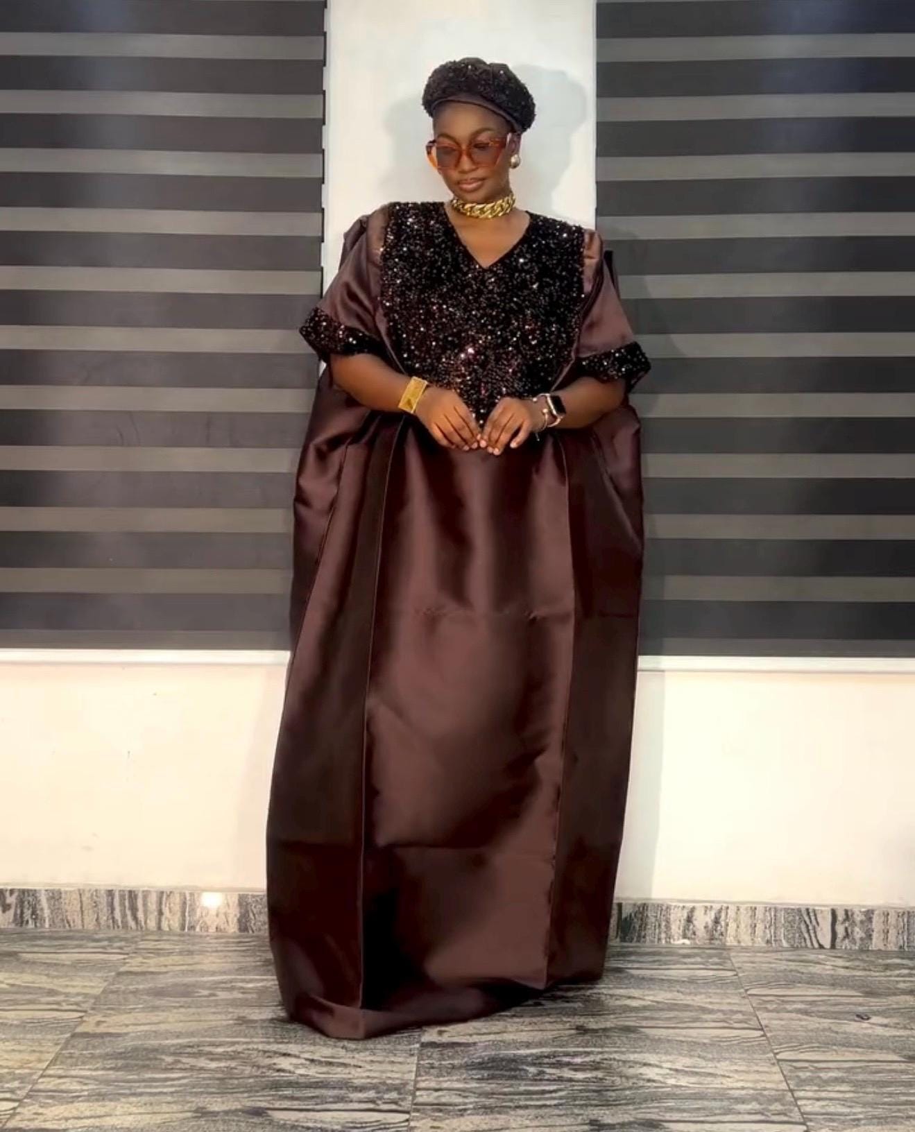 Chocolate Brown Sequin Mikado Silk Boubou: African Kaftan Dress with Cap