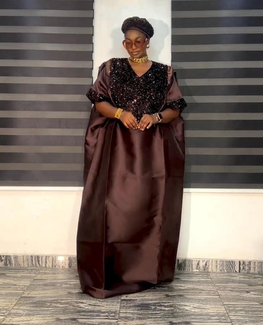 Chocolate Brown Sequin Mikado Silk Boubou: African Kaftan Dress with Cap