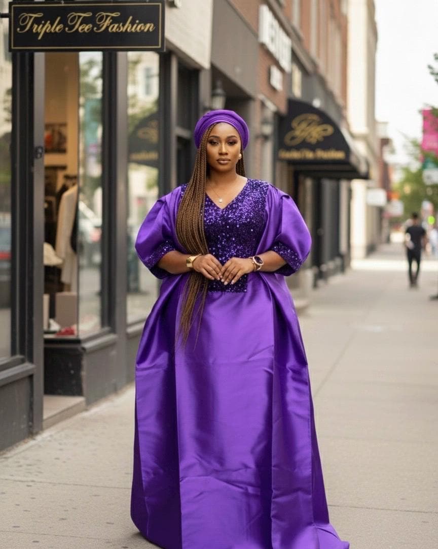 Purple Sequin Mikado Silk Boubou: African Kaftan Dress with Cap