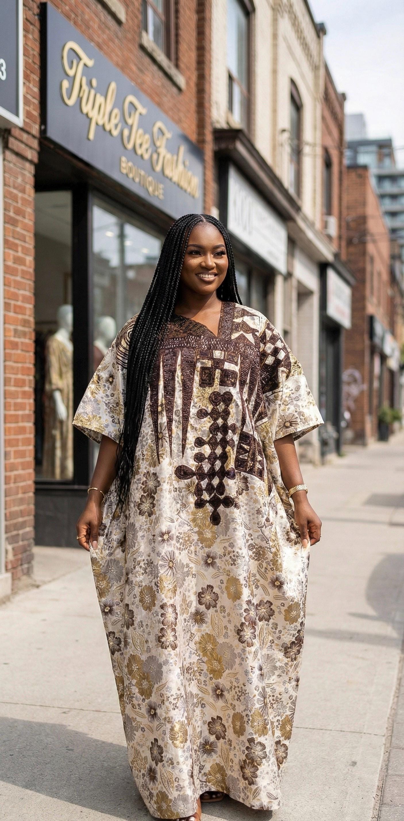 Damask Brocade Agbada Dress with Tinko Embroidery | Matching Headband