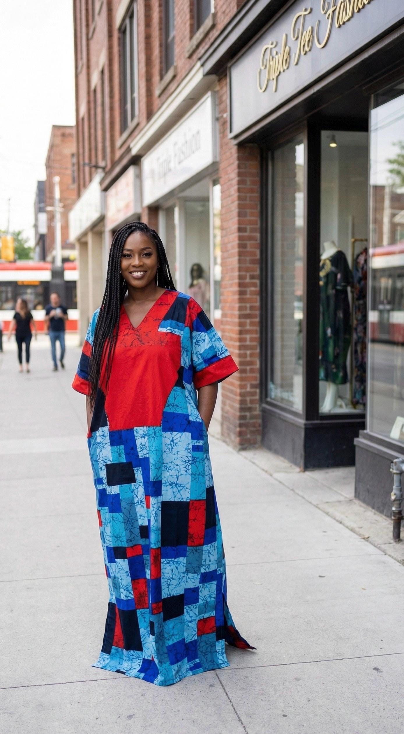 African Ankara Boubou: Long Kaftan Dress with Aso Oke Detail