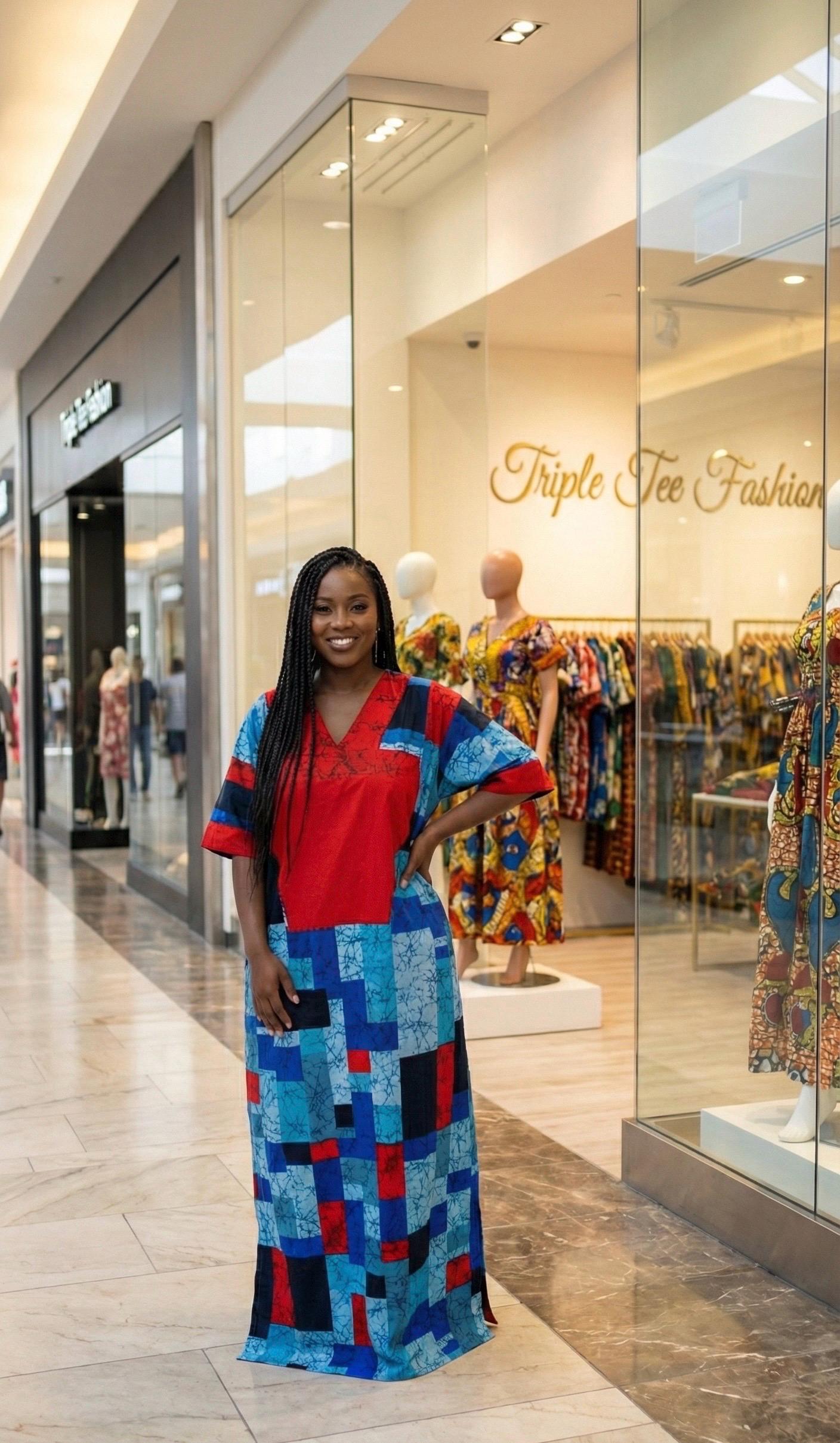 African Ankara Boubou: Long Kaftan Dress with Aso Oke Detail