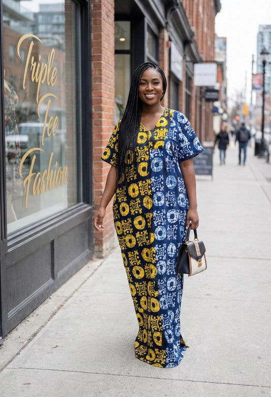 Handmade Ankara Boubou Dress: African Print Cotton Kaftan with Head Scarf