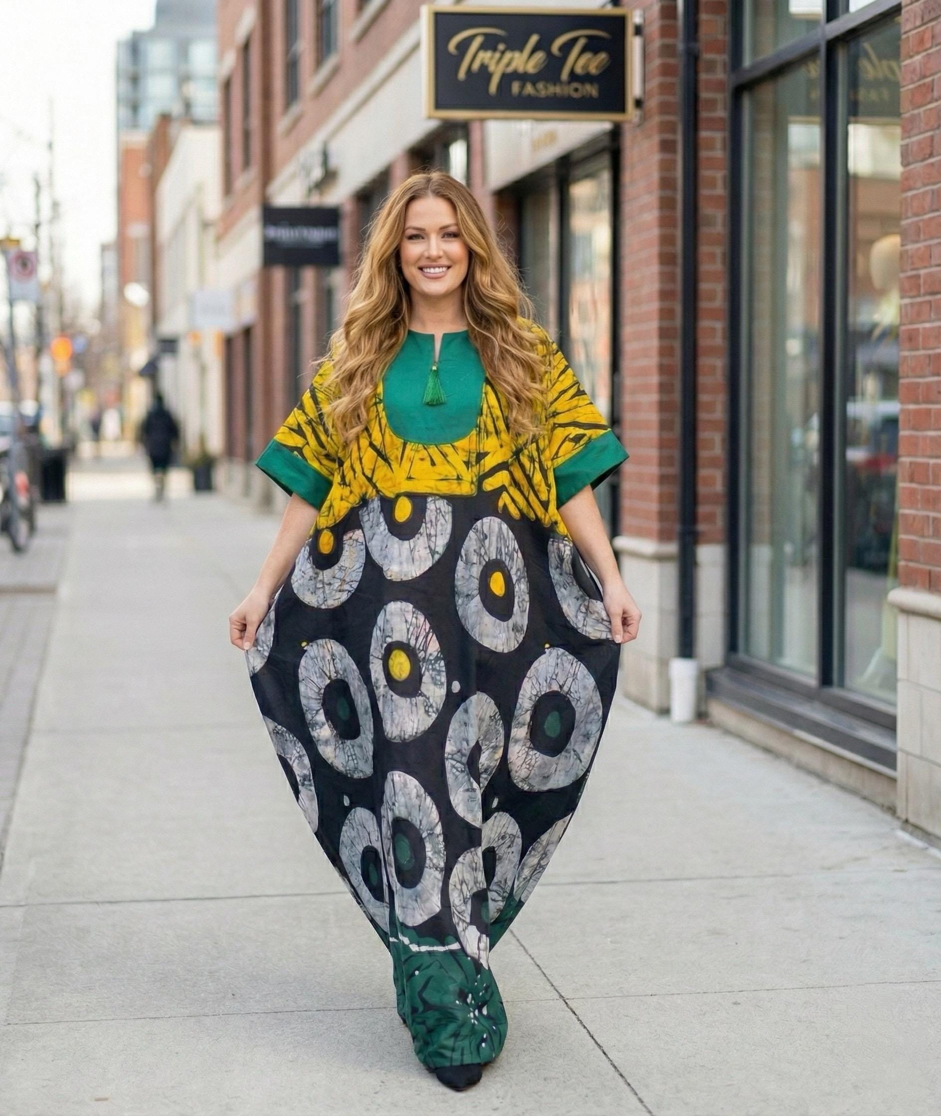African Print Crepe Kaftan Dress | Nigerian Boubou, Plus Size