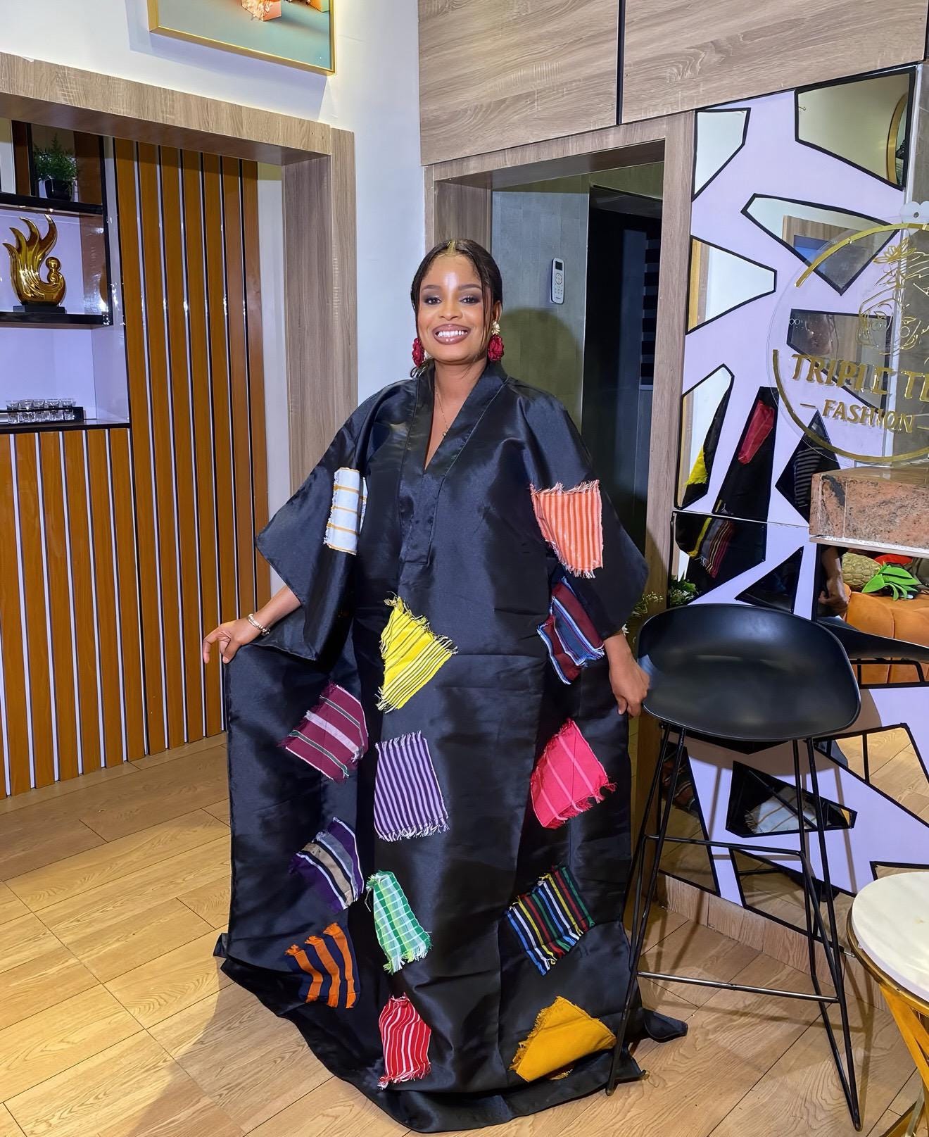 African Luxury Mikado Boubou with Aso-Oke Patchwork – One Size Fits All| Black Dress