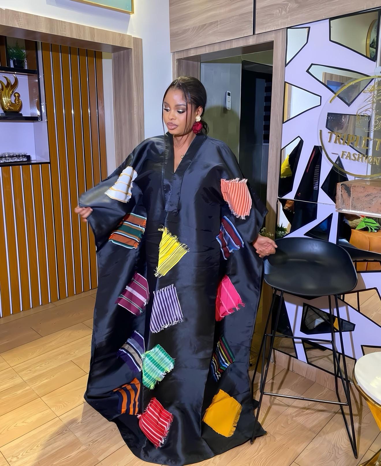 African Luxury Mikado Boubou with Aso-Oke Patchwork – One Size Fits All| Black Dress