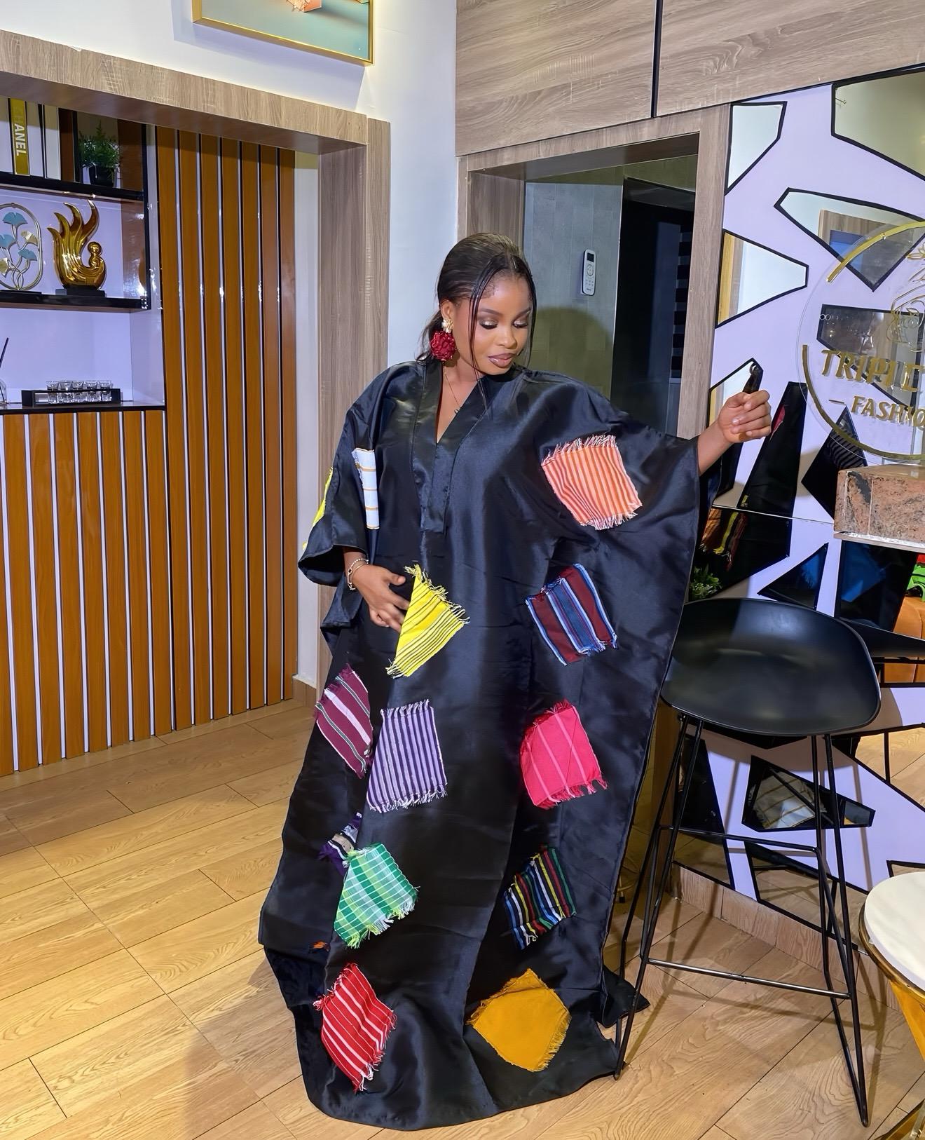African Luxury Mikado Boubou with Aso-Oke Patchwork – One Size Fits All| Black Dress