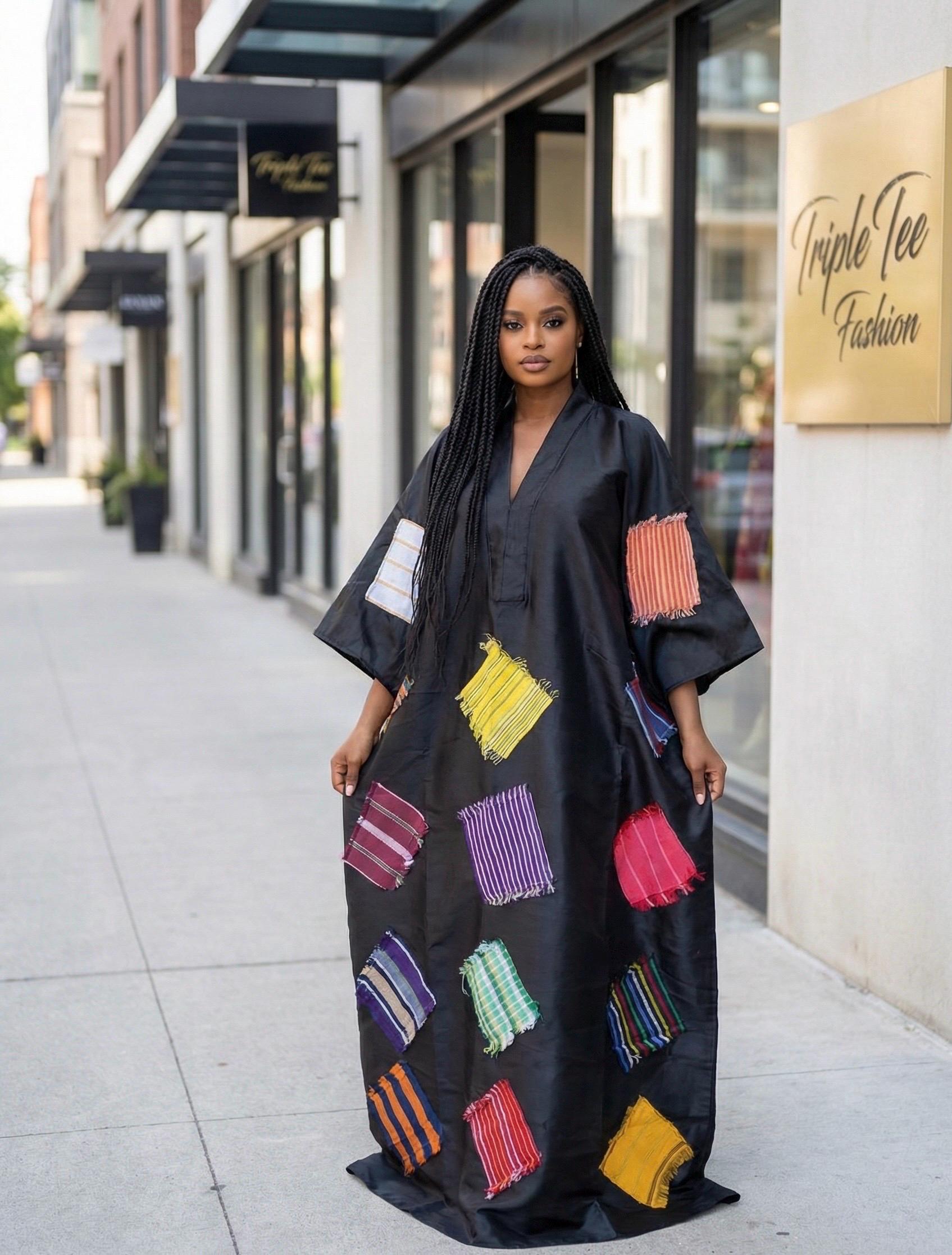 African Luxury Mikado Boubou with Aso-Oke Patchwork – One Size Fits All| Black Dress