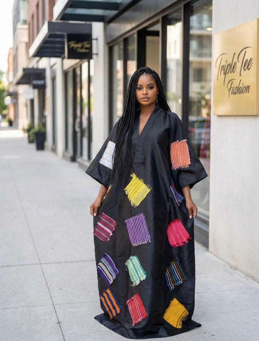 African Luxury Mikado Boubou with Aso-Oke Patchwork – One Size Fits All| Black Dress